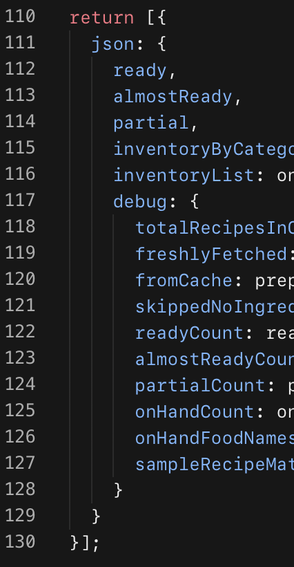 An image showing lines 110 to 130 of a javascript node from n8n