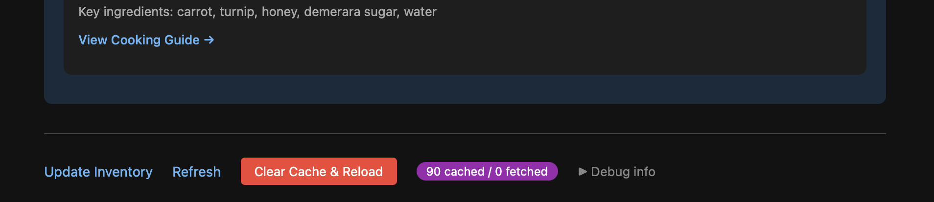 The footer of the What Can I Cook page, with a big red Clear Cache & Reload button