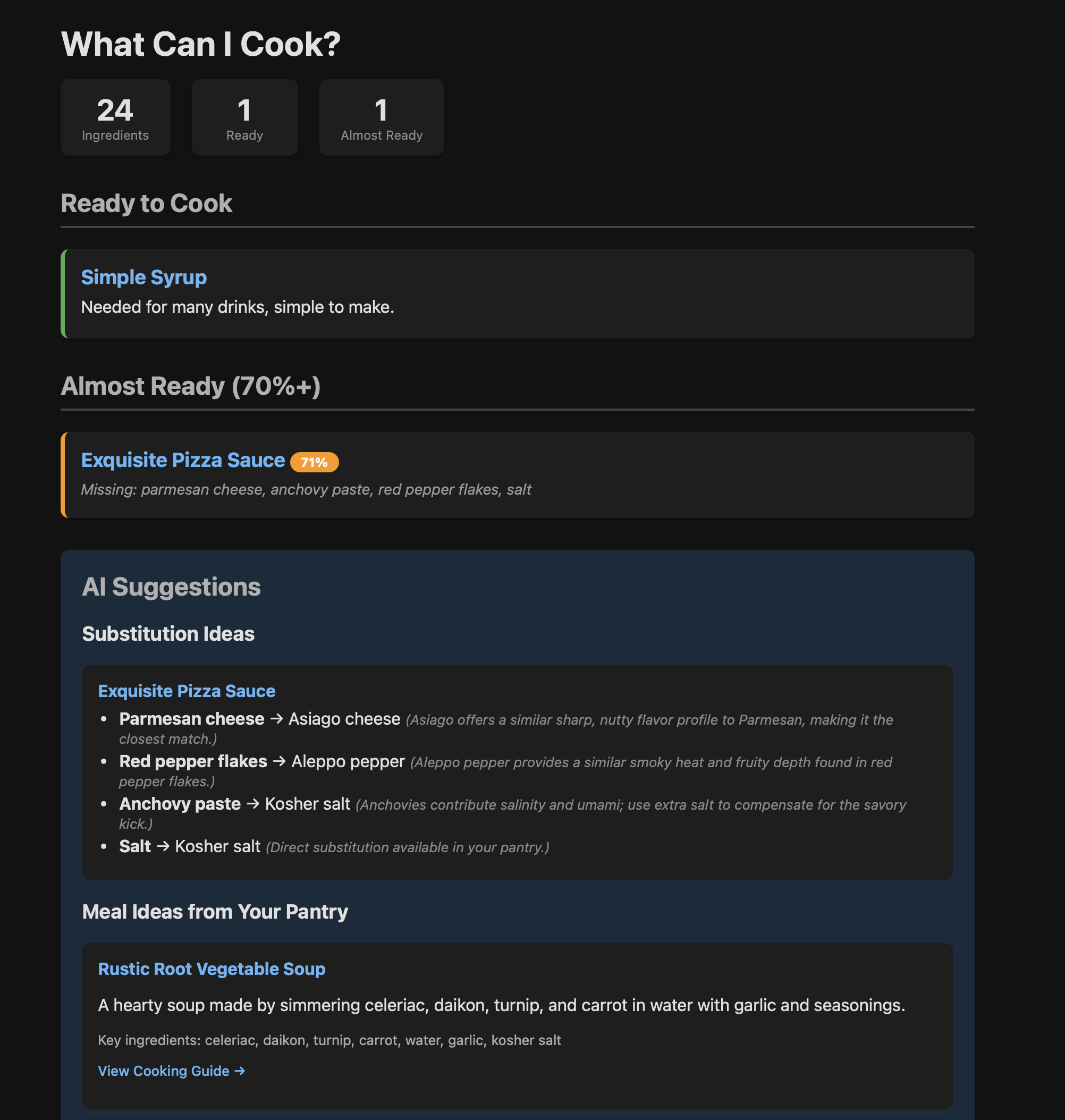 A screenshot of a page showing things ready to cook, almost ready to cook, substitution ideas, and meal ideas