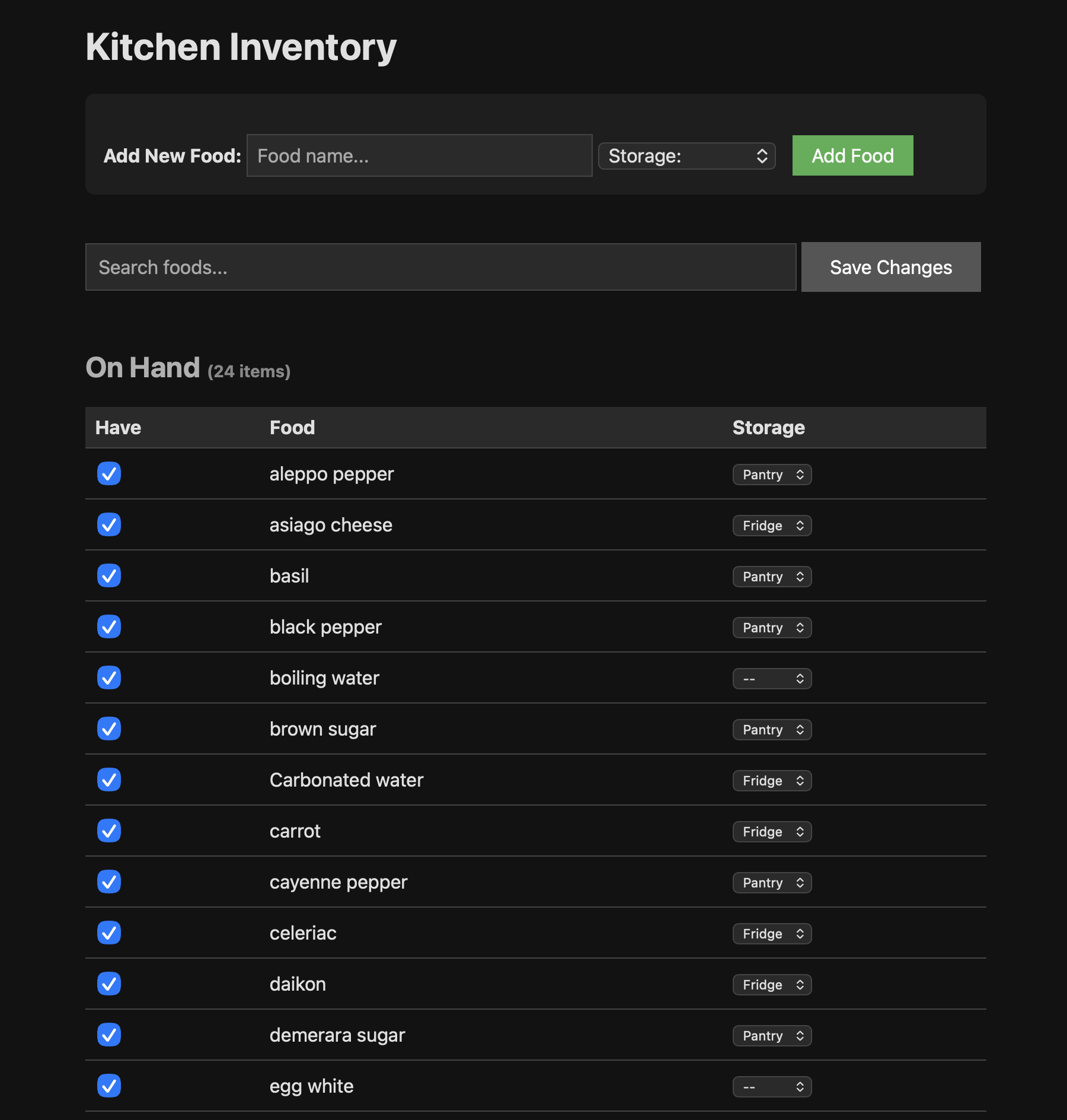 The actual kitchen inventory page, showing a form for new food and a list of random ingredients on hand, as well as a search box
