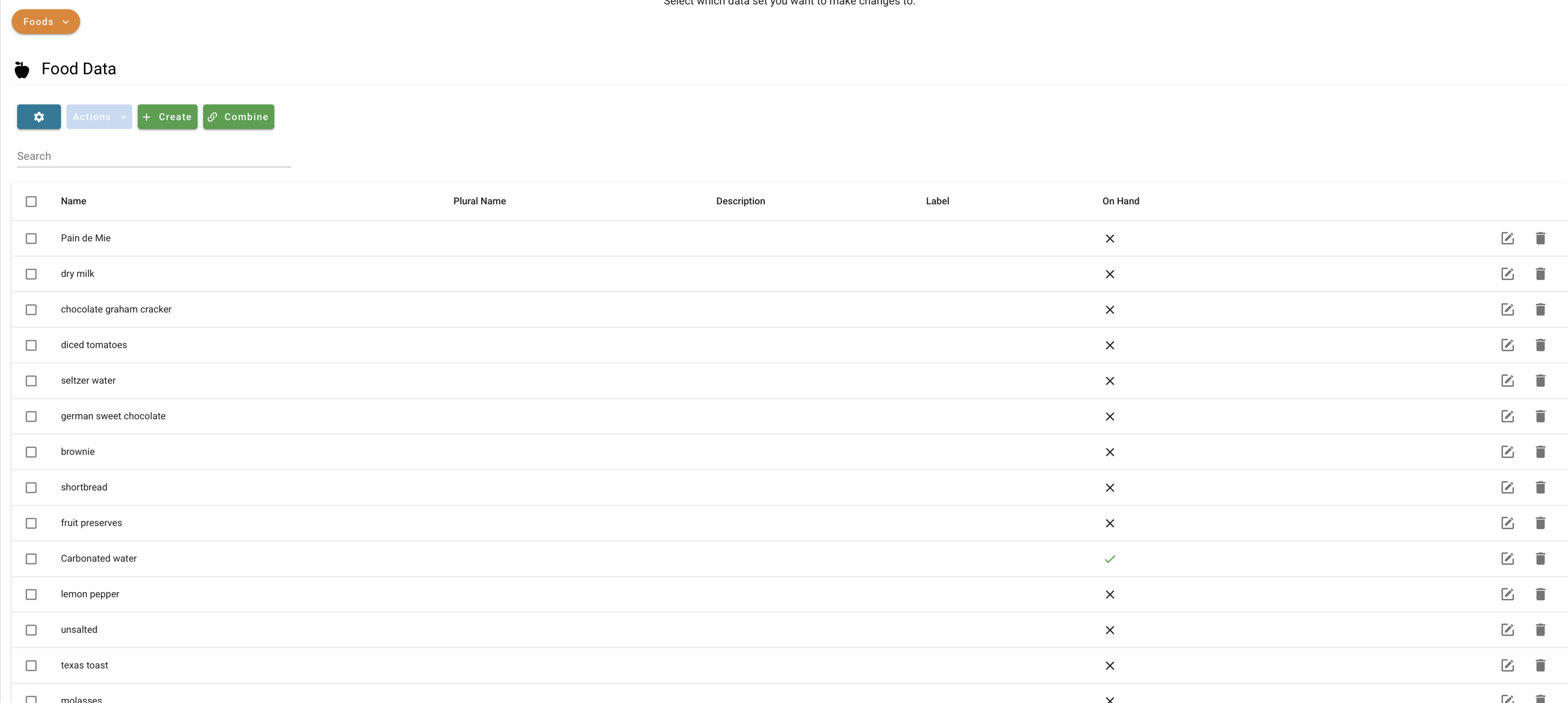 The top of the Mealie food database, showing several food names in a table.