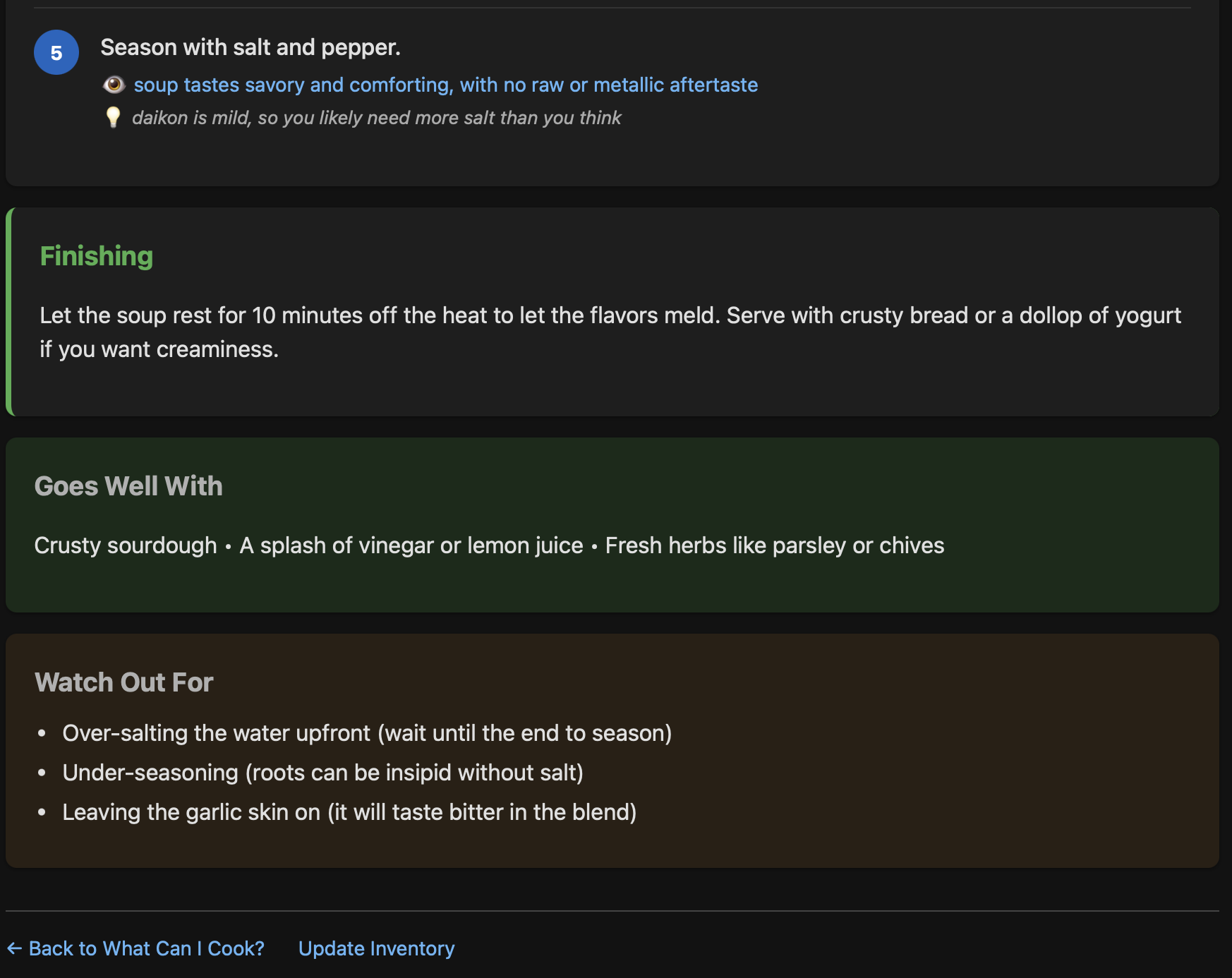 The end of the cooking guide page, show the last step, a section on Finishing, a section describing things it will go well with, and a section describing what to watch out for.