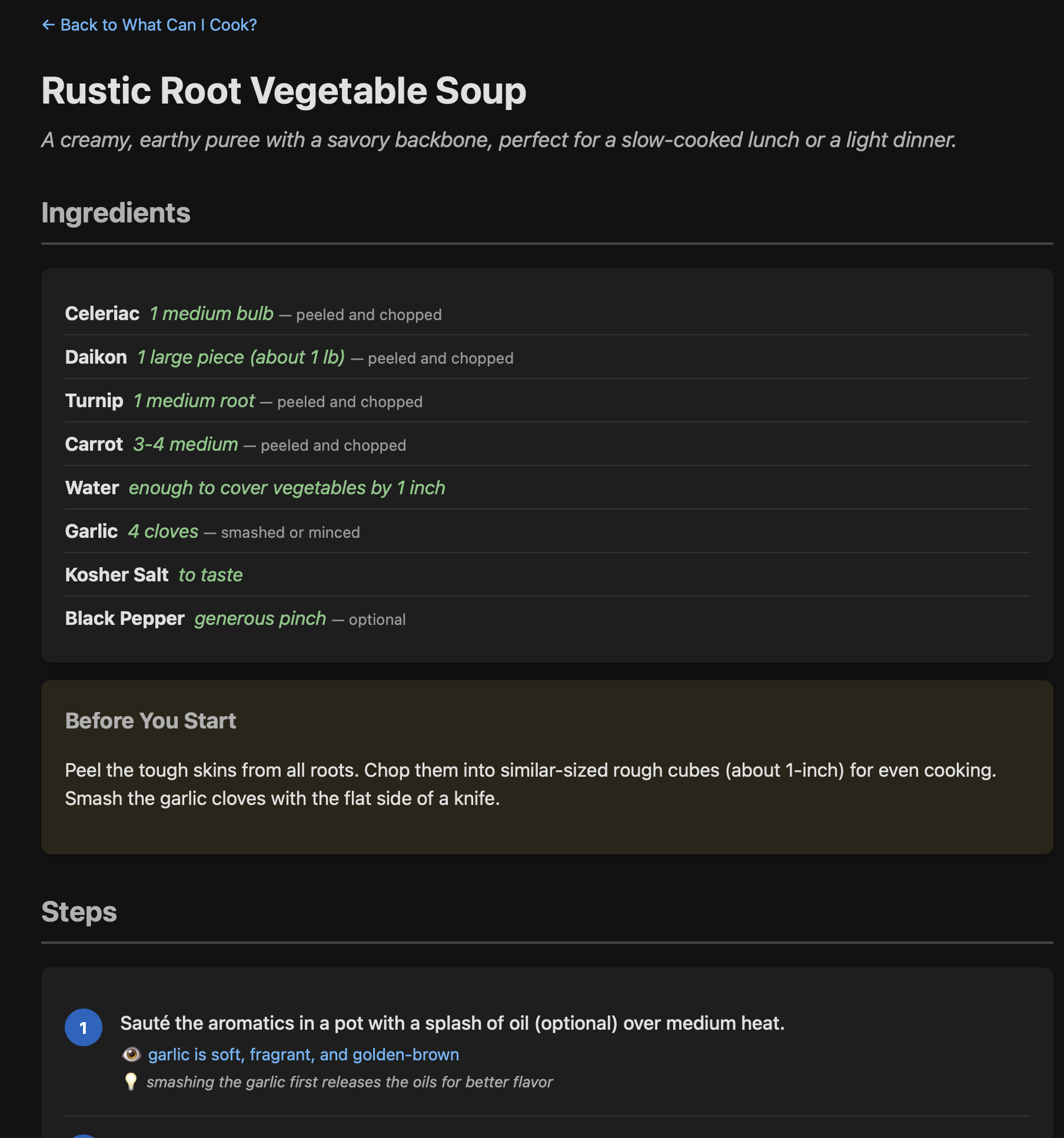 A cooking guide for ‘Rustic Root Vegetable Soup’. It’s cut off, but has a brief description, list of ingredients, things to do before you start, and the first of a list of steps.