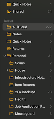 The sidebar of Apple Notes in dark mode with several folders shown