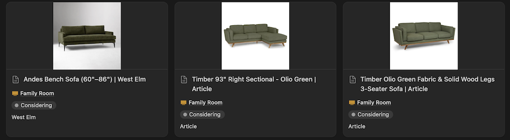 Several dark green couches in row with shop names and room tags