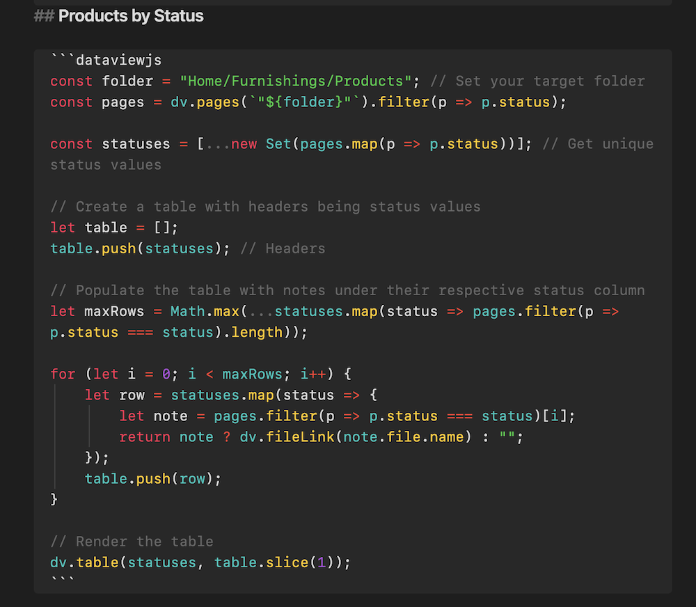 An image of javascript to be used with the dataview obsidian plugin